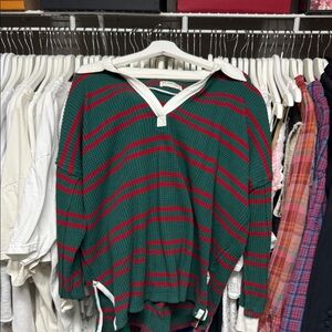 We The Free V-Neck Sweater in Green and Red Stripes